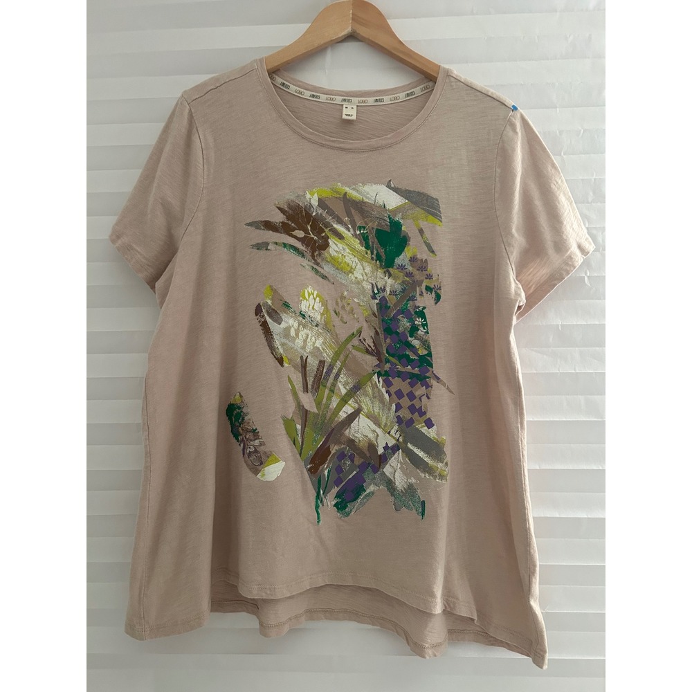 LOGO by Lori Goldstein Limitees Abstract Graphic Slub Knit Cotton Tee Tan XL